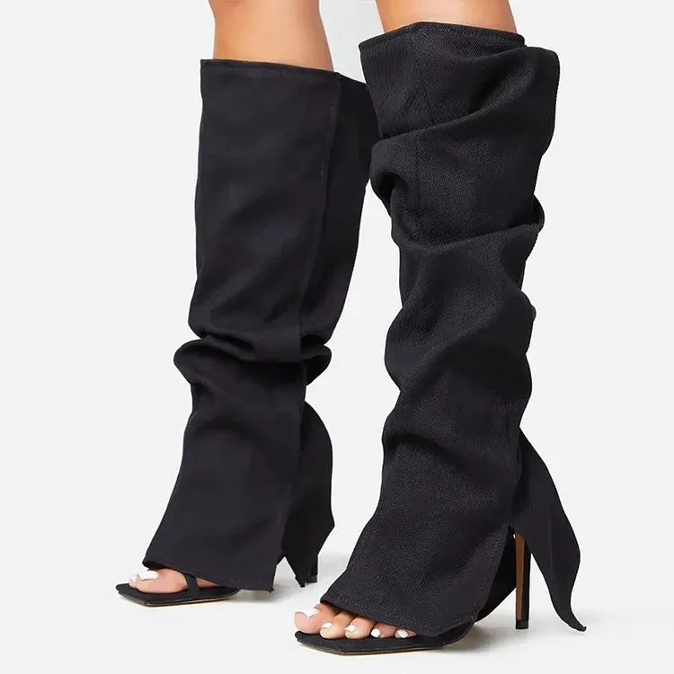 Black Folded Strap Boot – Classic Square Toe Stiletto Heel Knee-High Sandal Boots for Summer – Open Toe Cool Girl Party Casual Shoes