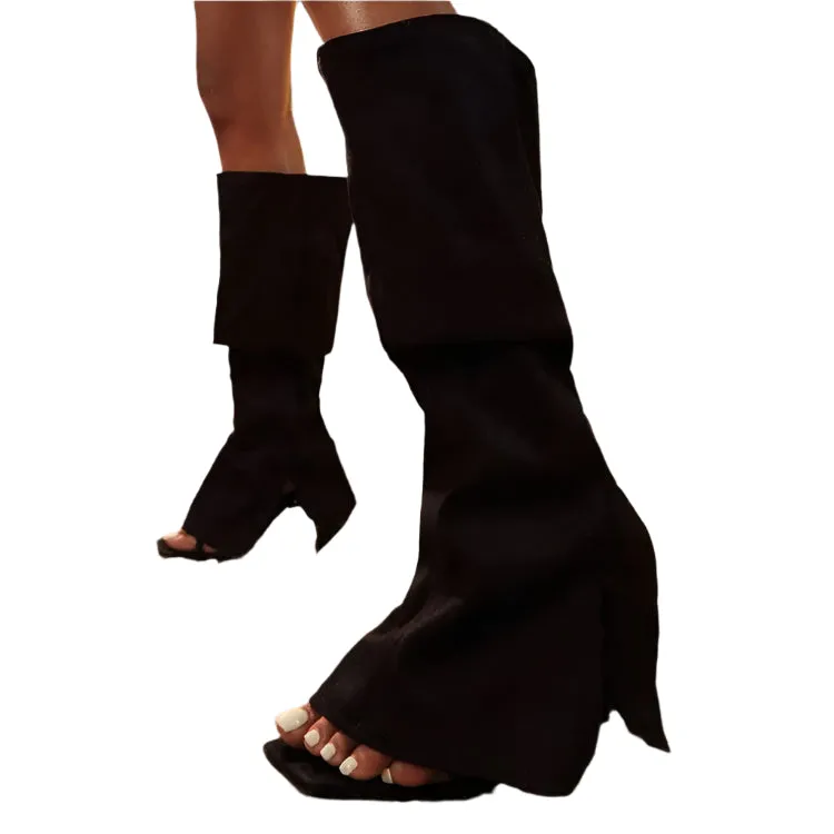 Black Folded Strap Boot – Classic Square Toe Stiletto Heel Knee-High Sandal Boots for Summer – Open Toe Cool Girl Party Casual Shoes