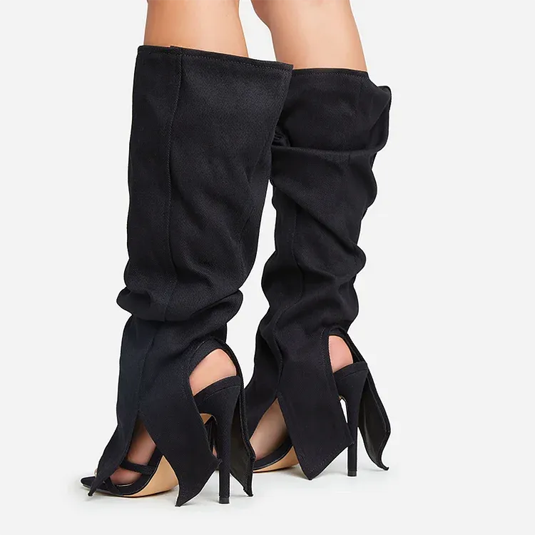 Black Folded Strap Boot – Classic Square Toe Stiletto Heel Knee-High Sandal Boots for Summer – Open Toe Cool Girl Party Casual Shoes