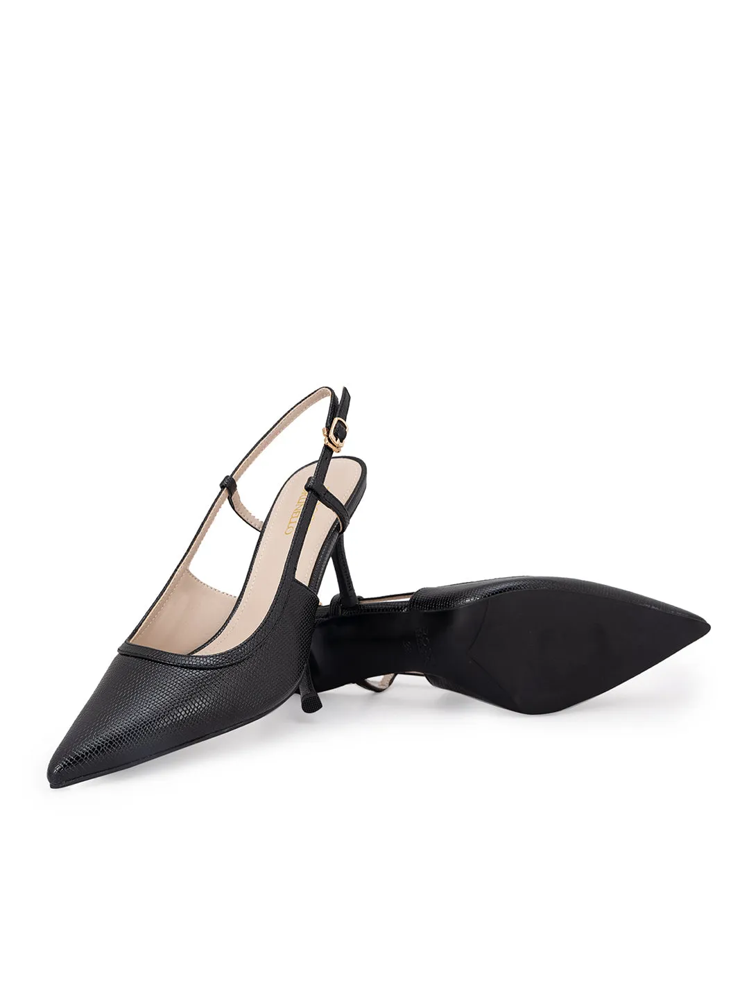 Black Textured Slingback Heels