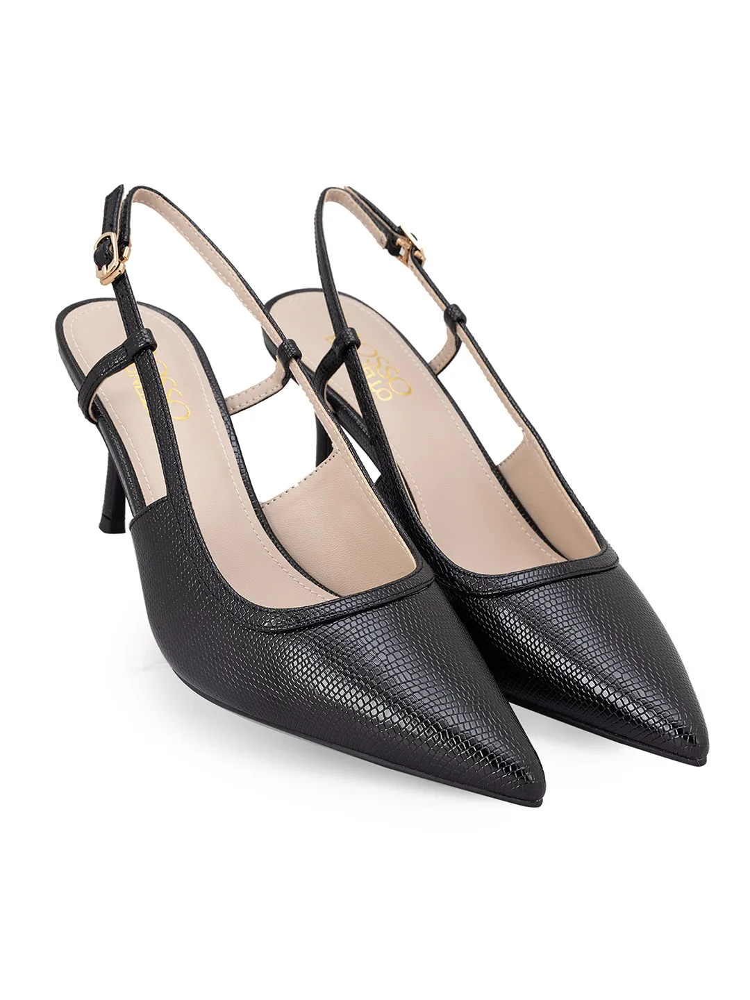 Black Textured Slingback Heels