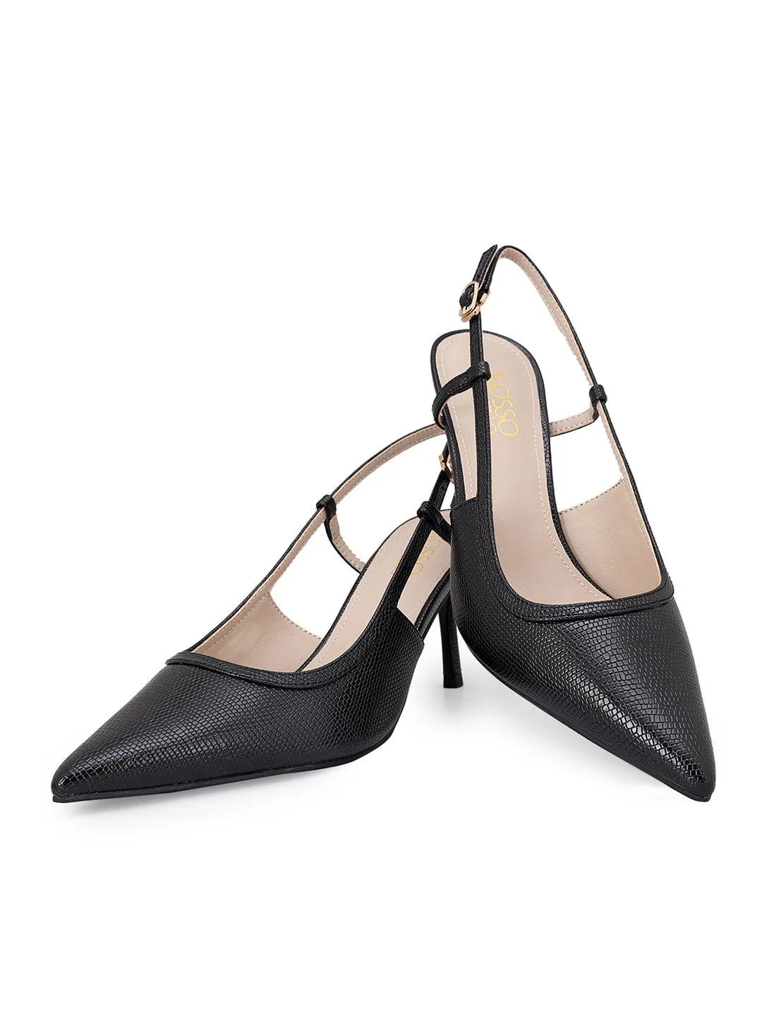 Black Textured Slingback Heels