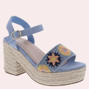 Blue denim espadrille platform crochet strap sandals