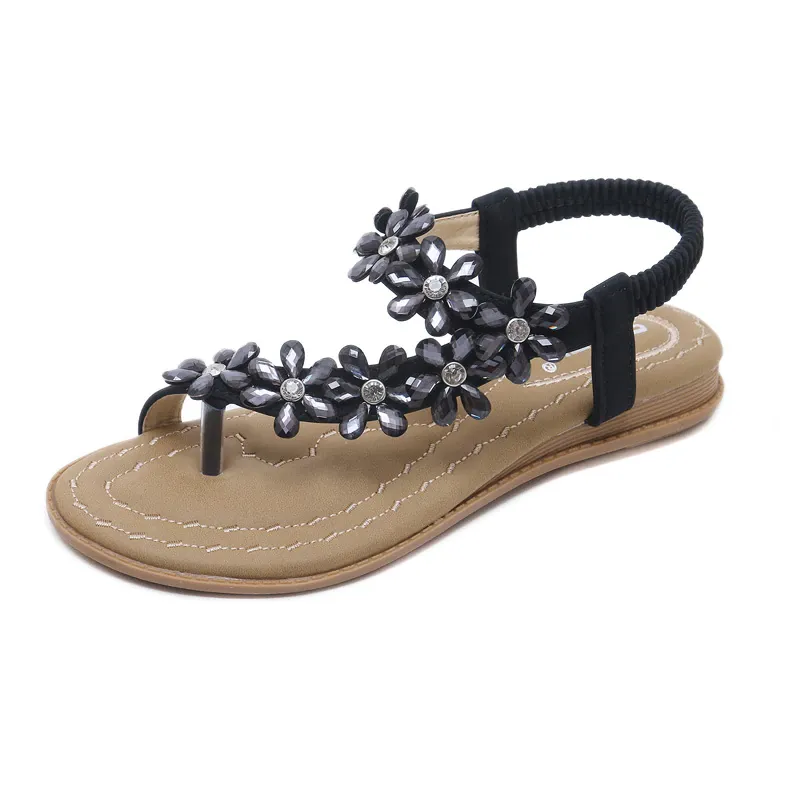 Bohemian Flower Rhinestone Flat Sandal