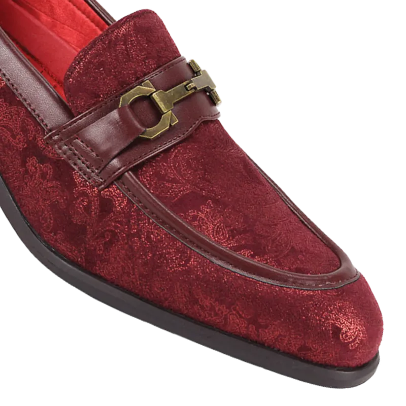 Burgundy Paisley Men's Suede Dress Shoes Fashion Design Slip-On Style No-7010