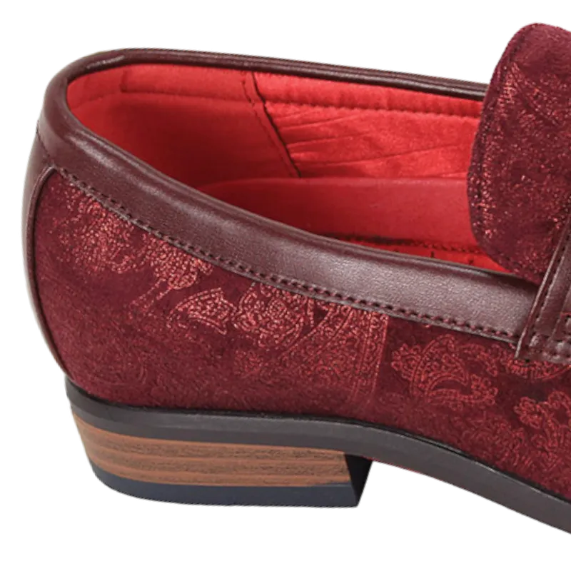 Burgundy Paisley Men's Suede Dress Shoes Fashion Design Slip-On Style No-7010