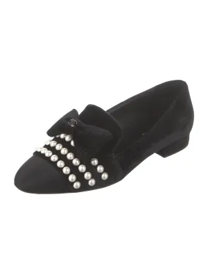CHANEL VELVET GROSGRAIN PEARLS MOCCASIN LOAFERS