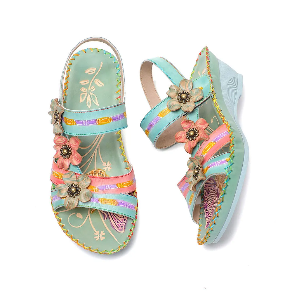CrazycatZ Leather Wedged Sandals,Women Leather Bohemian Colorful Sandal Floral Sandal