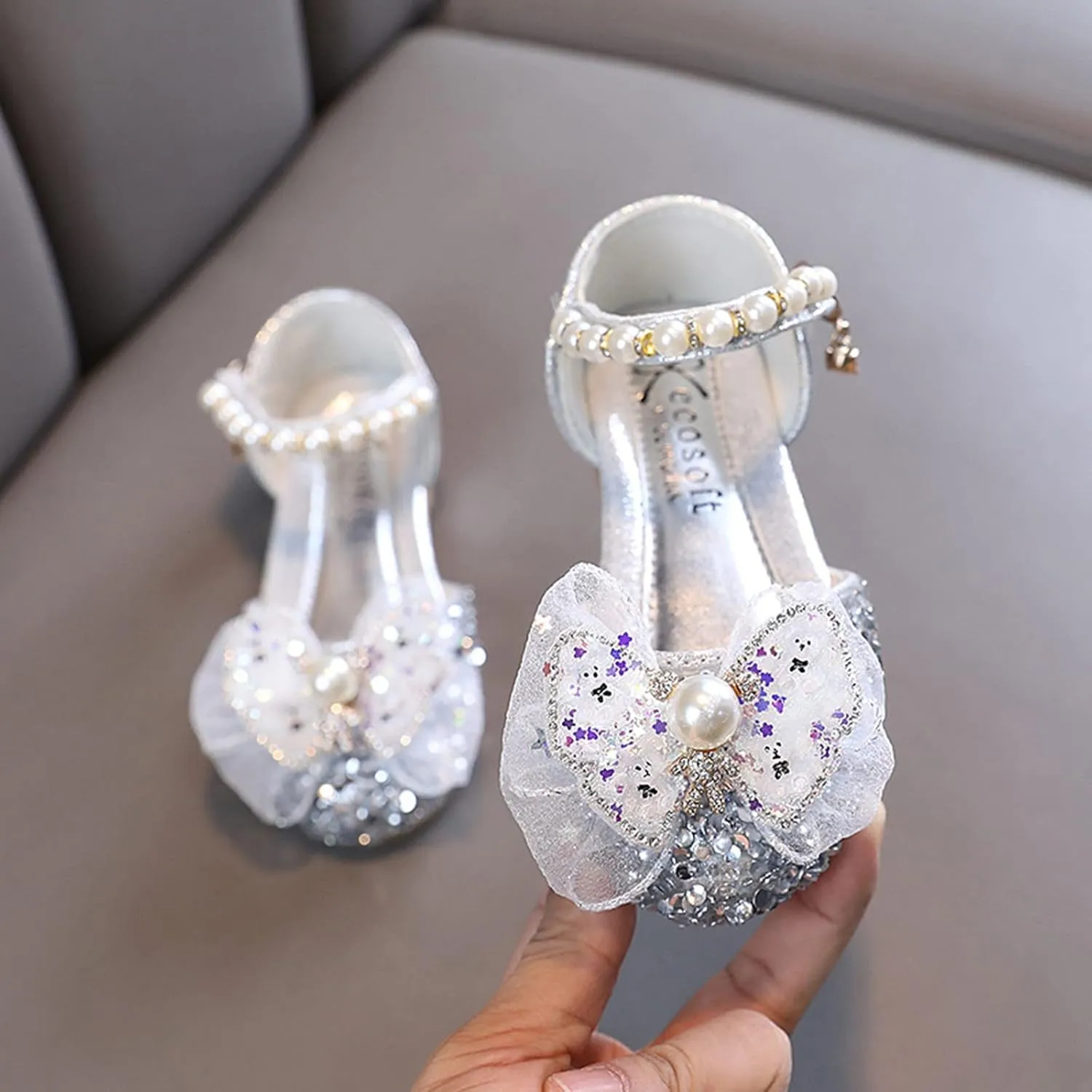 Girls Ballet Shoes Bow Plastics Pearl Color Matching Gradient Spring Shoes for Girls Strap Leather Sandals
