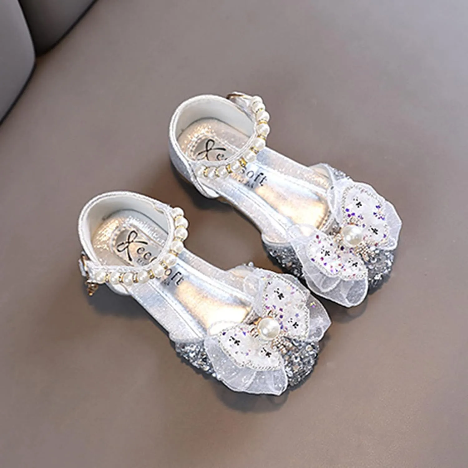 Girls Ballet Shoes Bow Plastics Pearl Color Matching Gradient Spring Shoes for Girls Strap Leather Sandals