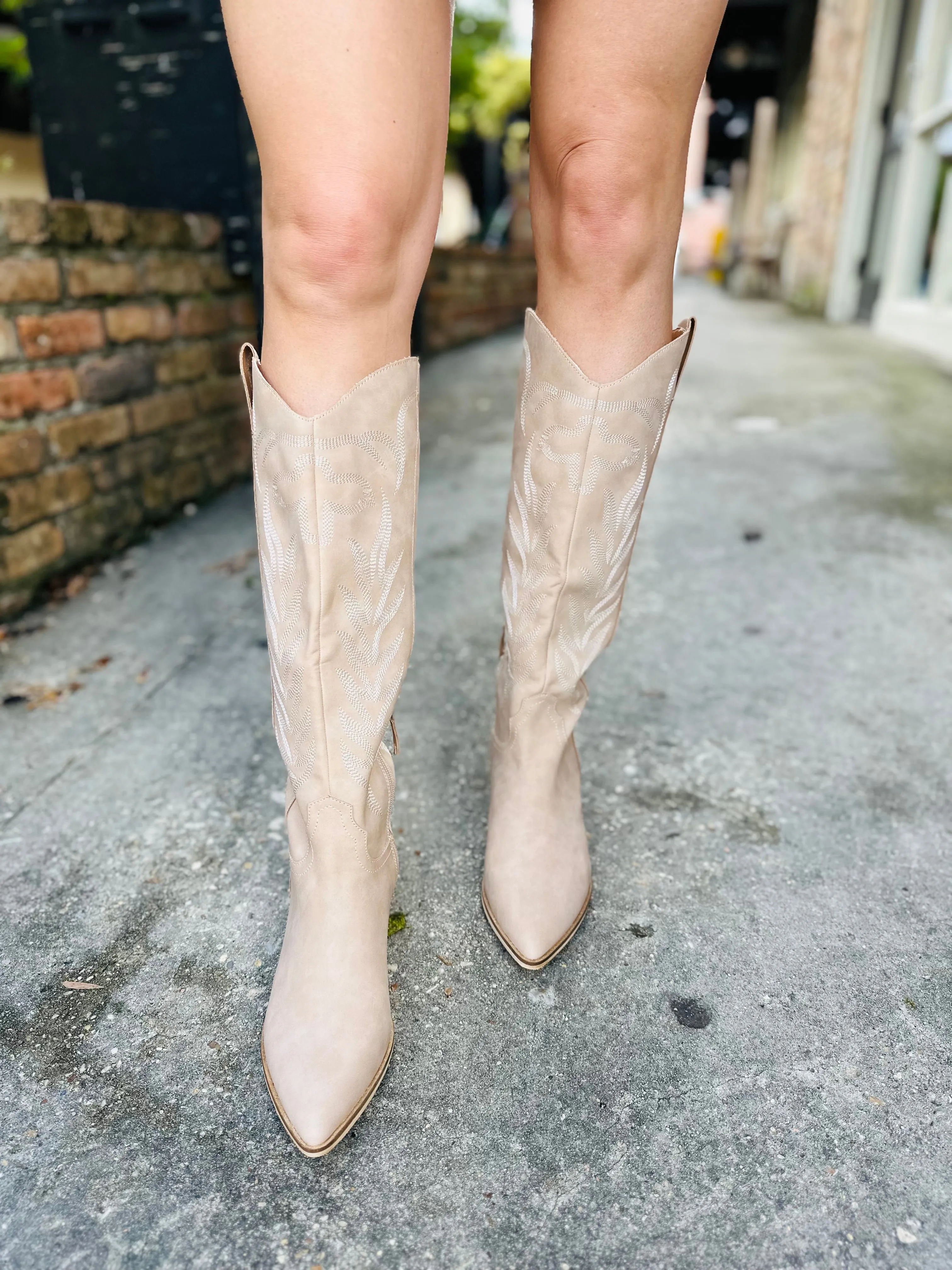 Inlay Western Tall Boots- Almond