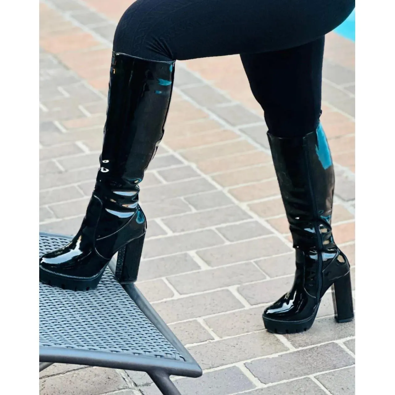 Long Glossy Thick Heel Boots