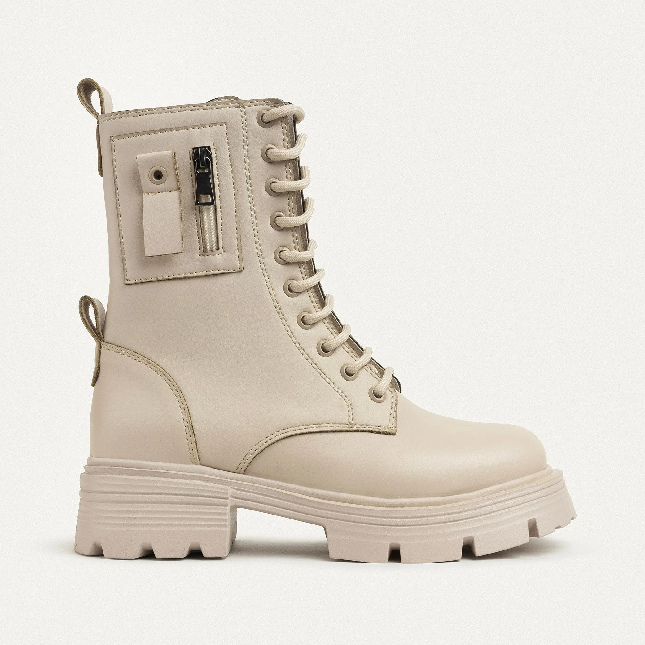 Lux Lug Lace Up Combat Boots - Beige