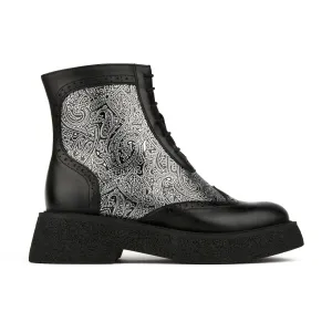 Mantis - Black Silver - Women's higher ankle oxford boot with platform and wingtip