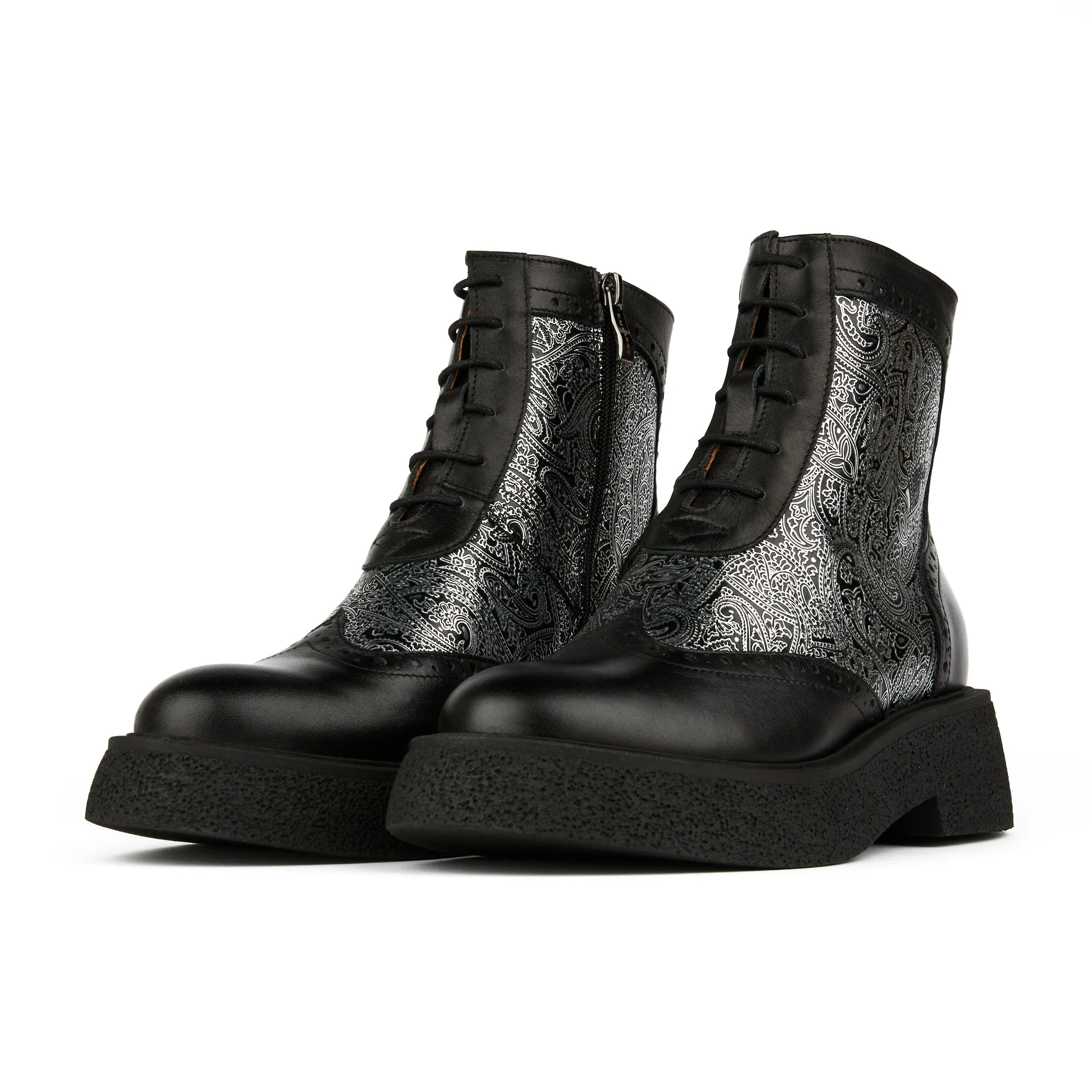 Mantis - Black Silver - Women's higher ankle oxford boot with platform and wingtip