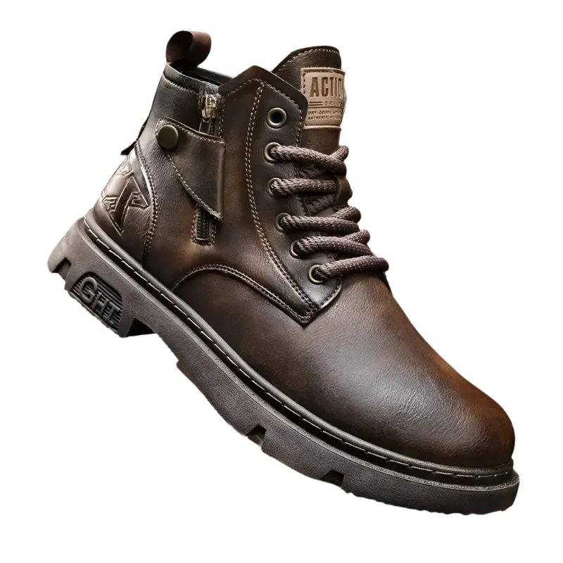 Men's Retro Leather Biker Boots - Wear-Resistant Winter High-Top Motorcycle Shoes, Casual All-Match Outdoor Footwear
