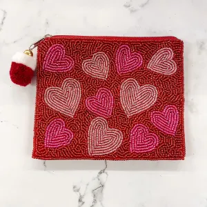 Red Heart Print Beaded Pouch