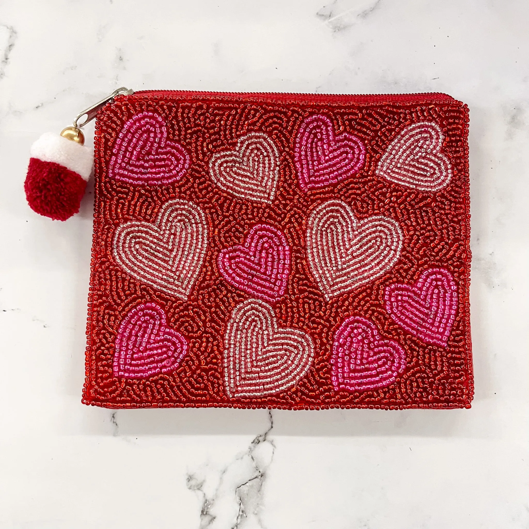 Red Heart Print Beaded Pouch