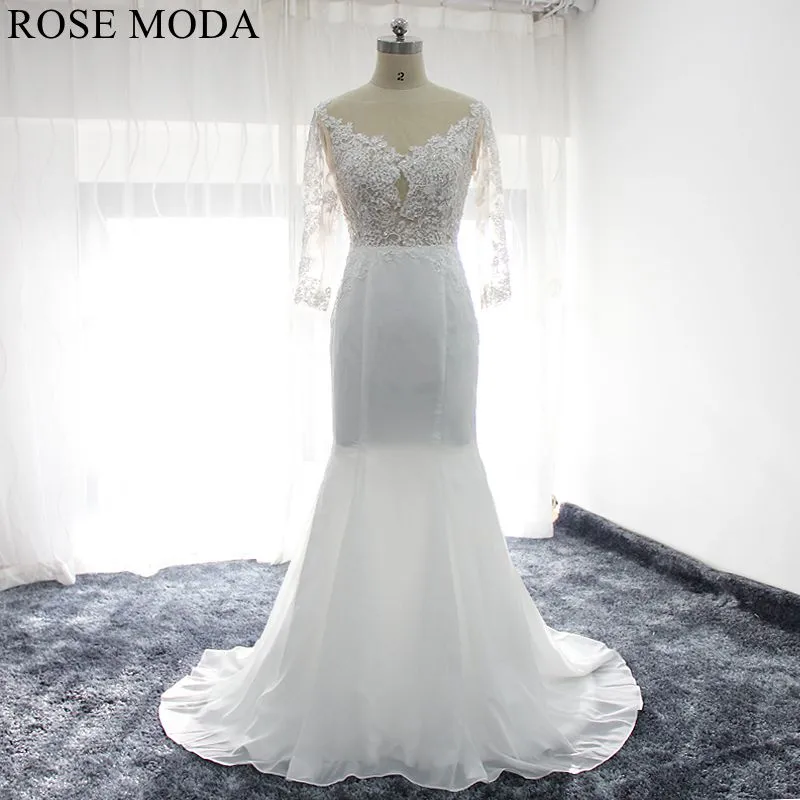 Rosemoda Long Sleeve Illusion Chiffon Mermaid Wedding Dress
