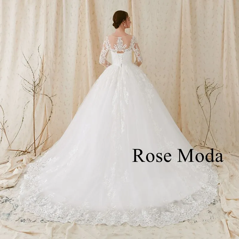 Rosemoda Nude Bateau Illusion Neckline Ball Gown Wedding Dress With Long Sleeve