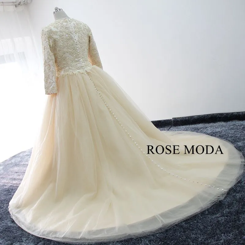 Rosemoda Plus Size Champagne Long Sleeve Muslim Ball Gown Wedding Dress