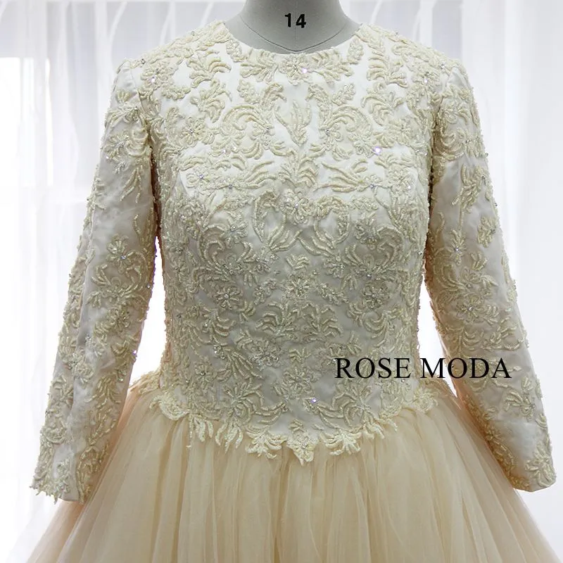 Rosemoda Plus Size Champagne Long Sleeve Muslim Ball Gown Wedding Dress