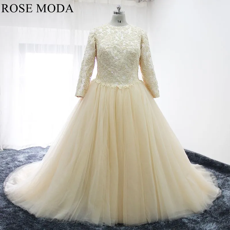 Rosemoda Plus Size Champagne Long Sleeve Muslim Ball Gown Wedding Dress