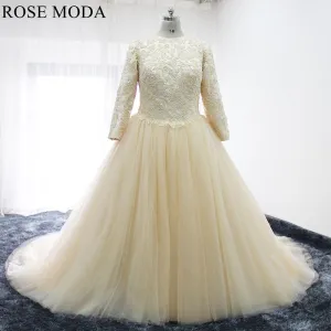 Rosemoda Plus Size Champagne Long Sleeve Muslim Ball Gown Wedding Dress