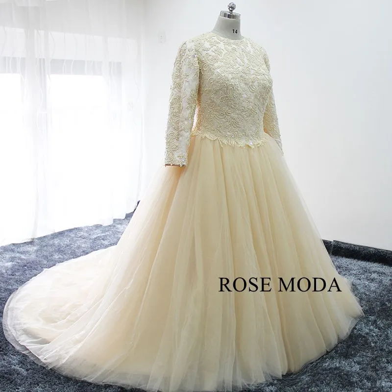 Rosemoda Plus Size Champagne Long Sleeve Muslim Ball Gown Wedding Dress