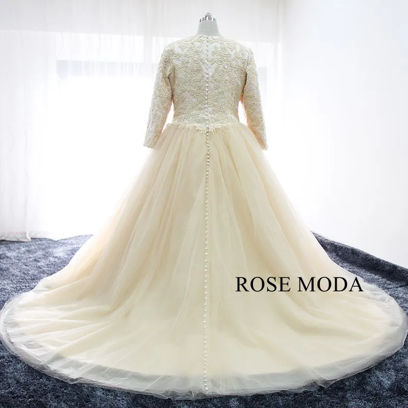 Rosemoda Plus Size Champagne Long Sleeve Muslim Ball Gown Wedding Dress