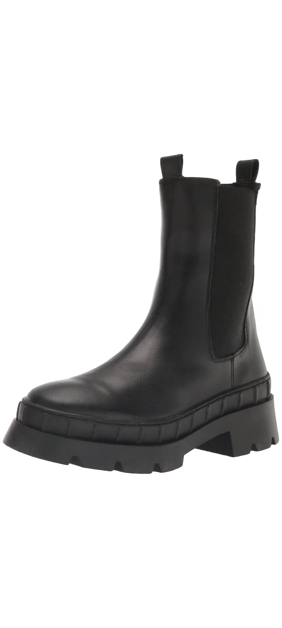 Steve Madden Barclay Black Leather Fashion Pull On Rounded Toe Chunky Ankle Boot
