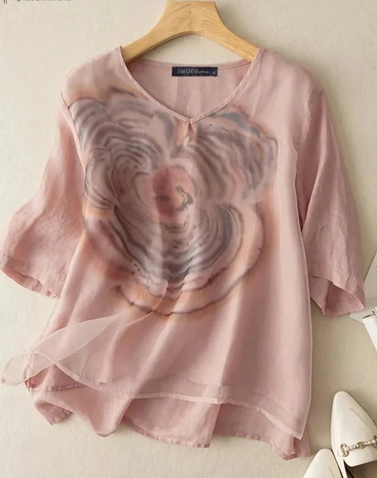 Vintage Women's Summer Bohemian Floral Blouse V-Neck 3/4 Sleeve