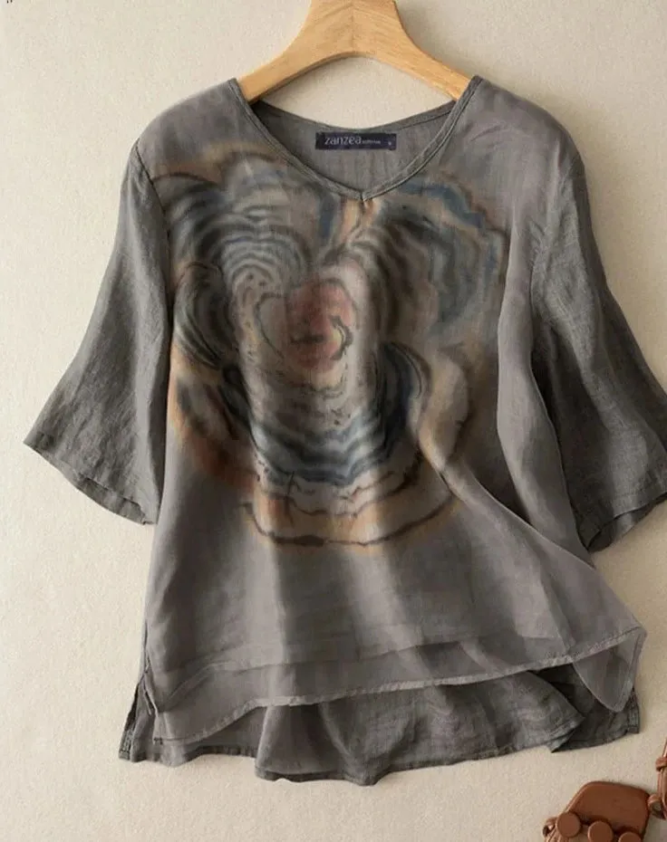 Vintage Women's Summer Bohemian Floral Blouse V-Neck 3/4 Sleeve
