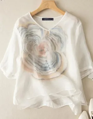 Vintage Women's Summer Bohemian Floral Blouse V-Neck 3/4 Sleeve