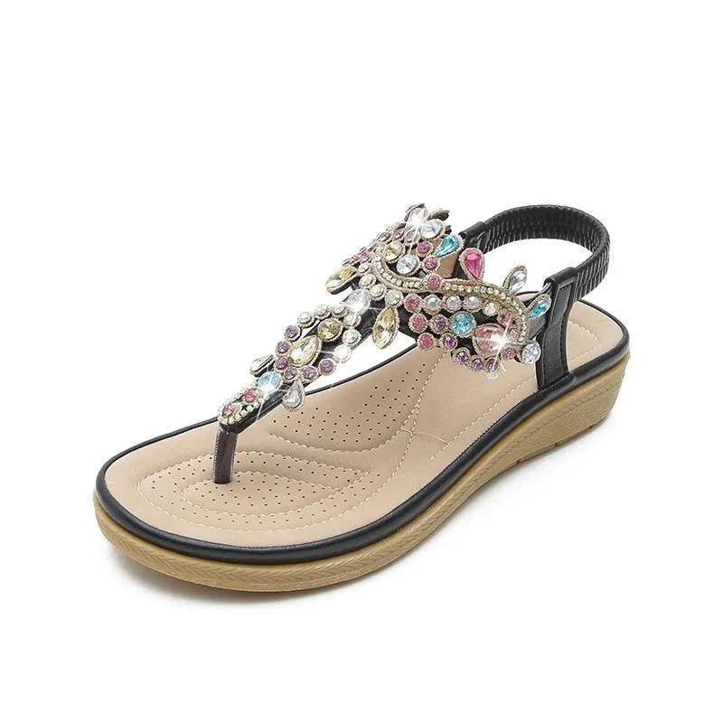 Women bohemian rhinestone ankle strap clip toe flat sandals