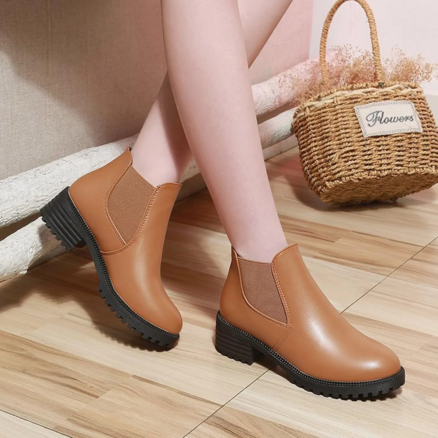 Womens Ankle Boots Women Booties Low Heel Womens Cowgirl Boots Square Toe Dress Shoes for Women Closed Back Lightweight Breathable Lug Sole Low Heel Chelsea Fashion