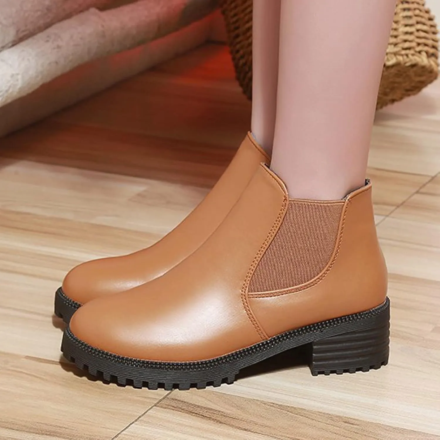 Womens Ankle Boots Women Booties Low Heel Womens Cowgirl Boots Square Toe Dress Shoes for Women Closed Back Lightweight Breathable Lug Sole Low Heel Chelsea Fashion