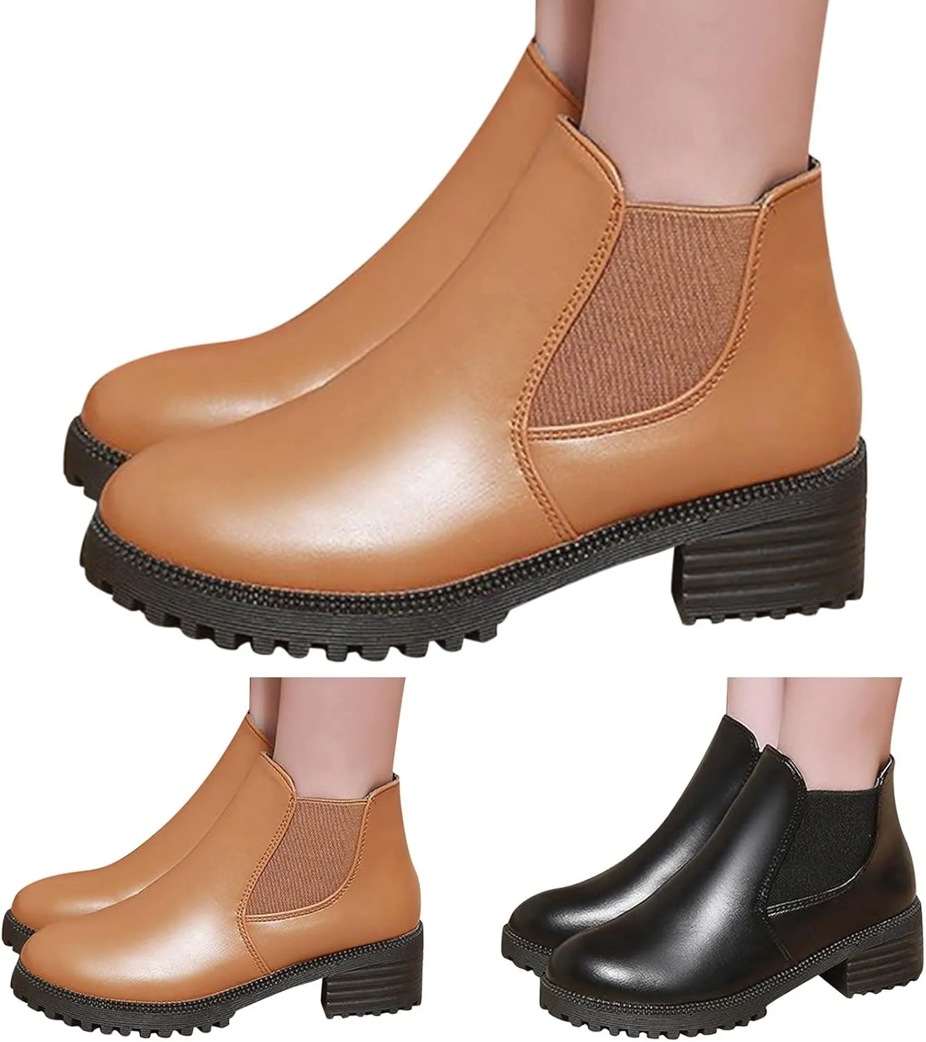 Womens Ankle Boots Women Booties Low Heel Womens Cowgirl Boots Square Toe Dress Shoes for Women Closed Back Lightweight Breathable Lug Sole Low Heel Chelsea Fashion