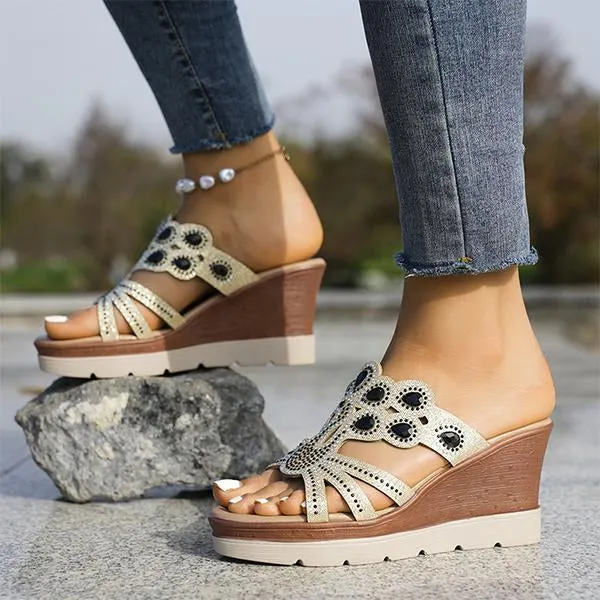 Women's Casual Wedge Bohemian Rhinestone Slippers 87700026S