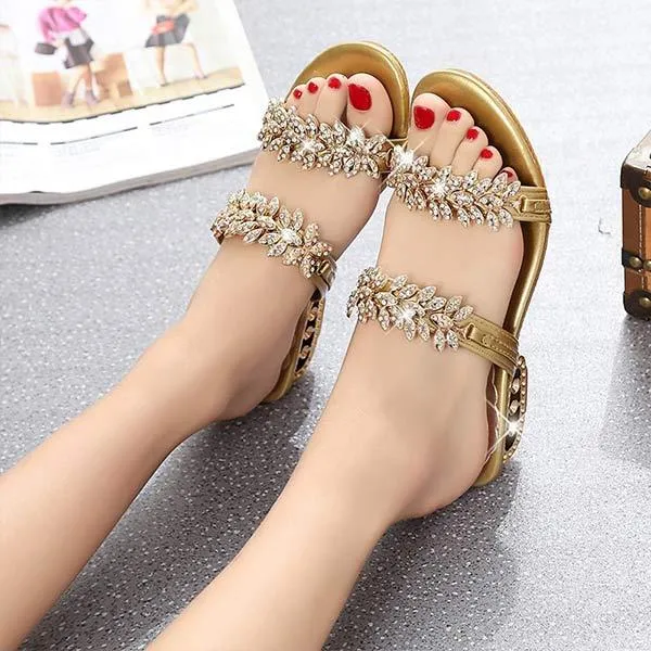Women'S Fashion Rhinestone Square Heel Open Toe Slippers 45307560C