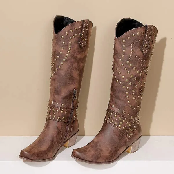 Women's High Heeled Knee-High Boots with Metal Stud Embellishments 13644744C