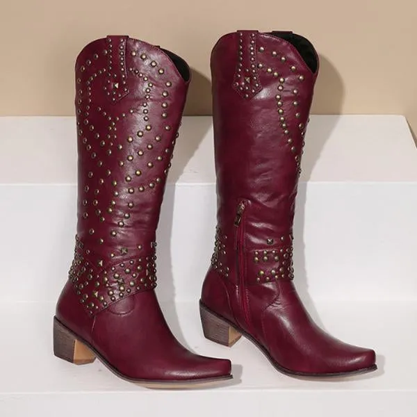 Women's High Heeled Knee-High Boots with Metal Stud Embellishments 13644744C