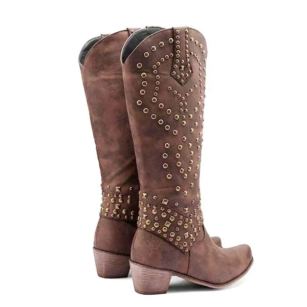 Women's High Heeled Knee-High Boots with Metal Stud Embellishments 13644744C