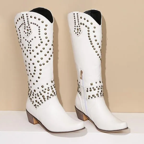 Women's High Heeled Knee-High Boots with Metal Stud Embellishments 13644744C