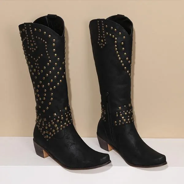 Women's High Heeled Knee-High Boots with Metal Stud Embellishments 13644744C