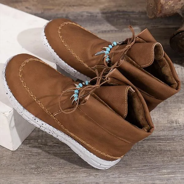 Women's Retro Casual Beaded Lace Up Flat Short Boots 17035191S
