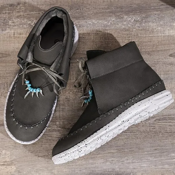 Women's Retro Casual Beaded Lace Up Flat Short Boots 17035191S