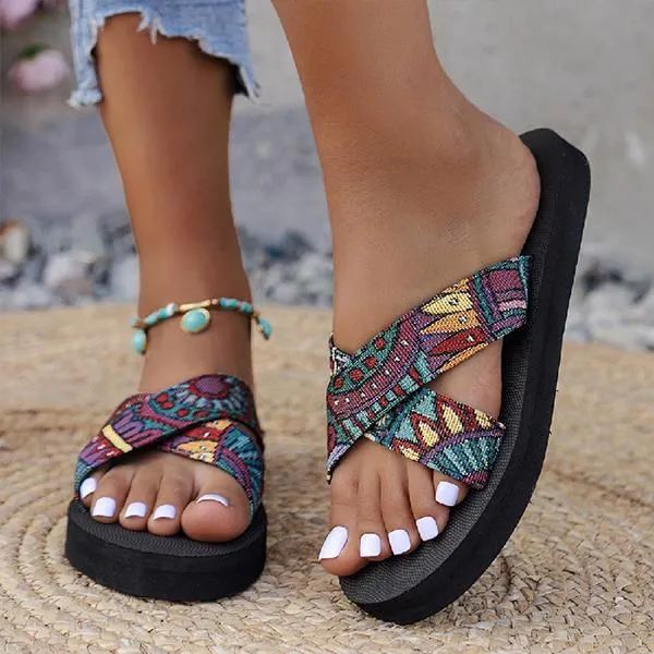 Women's Retro Flat Cross Bohemian Beach Slippers 67305418S