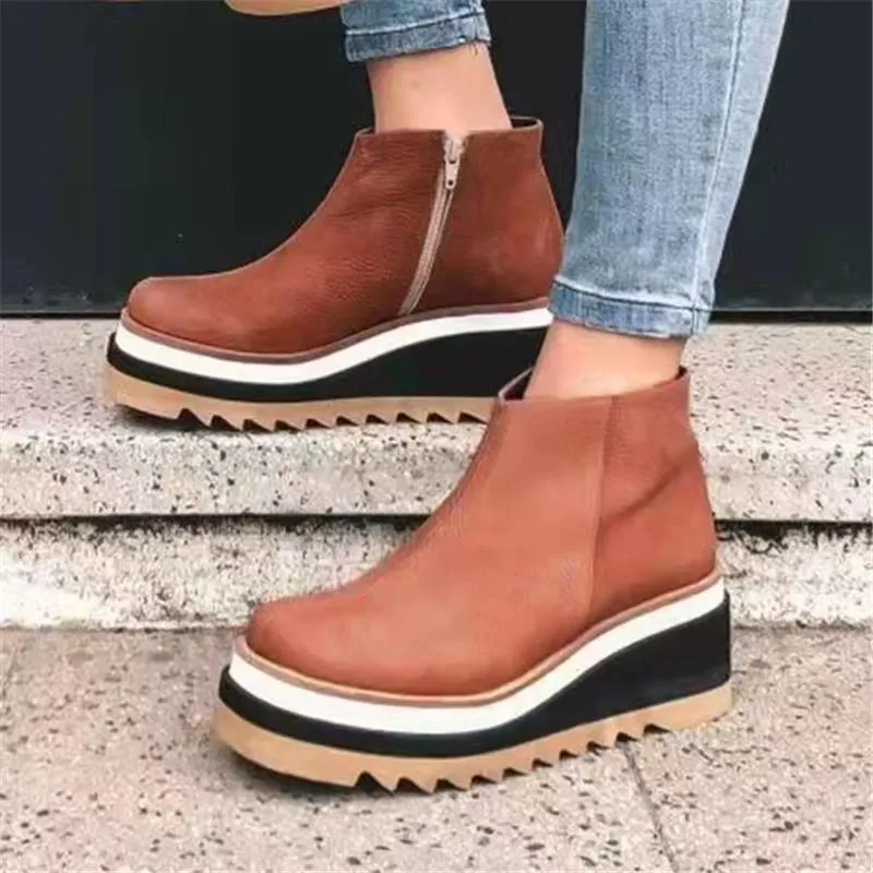 Women's thick platform wedge side zipper ankle booties